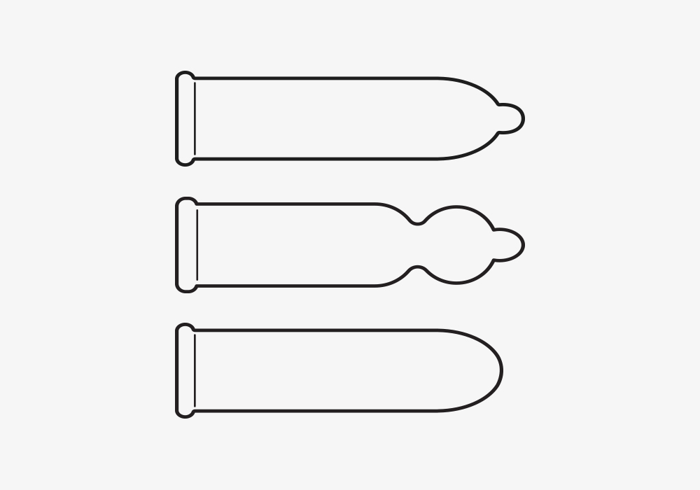 형태별 콘돔 종류 소개 3가지. 위에서부터 일반형, 굴곡형, 무꼭지형 콘돔입니다.